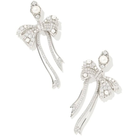 NEW IN BOX! Kendra Scott Earrings Krista Silver Bow Statement Earrings in White - Picture 1 of 3